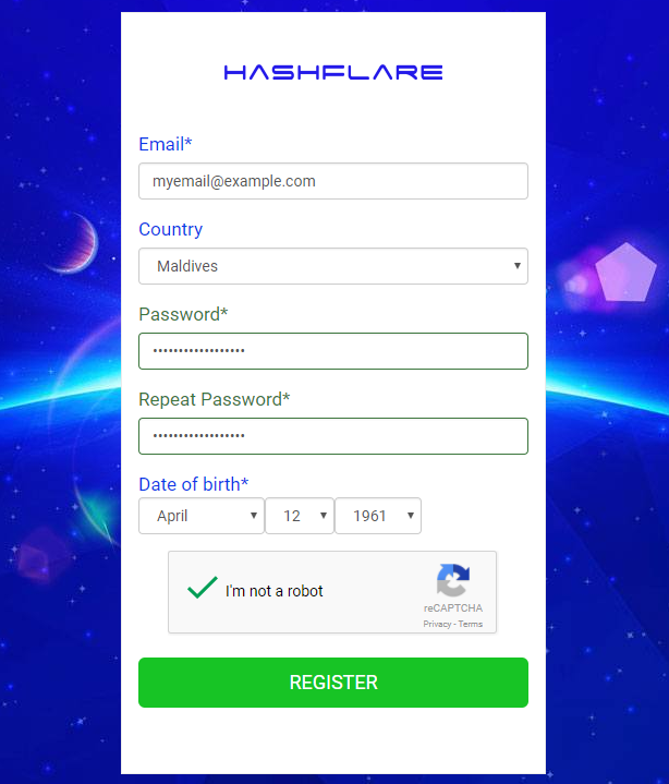 Рисунок 5. Регистрация на портале hashflare